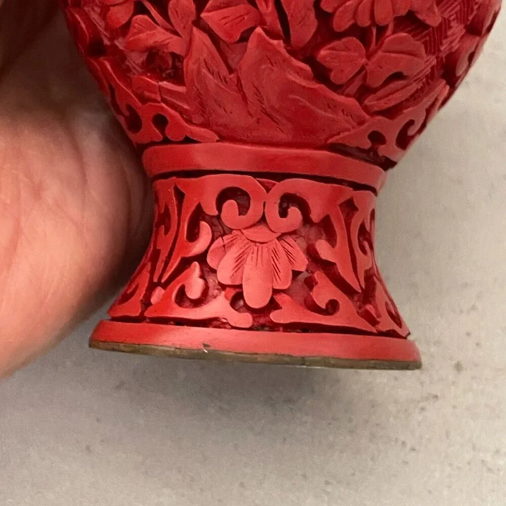 Vintage Red Cinnabar Blue Enamel Brass Hand Carved Lacquer Bud Small Vase 4.25